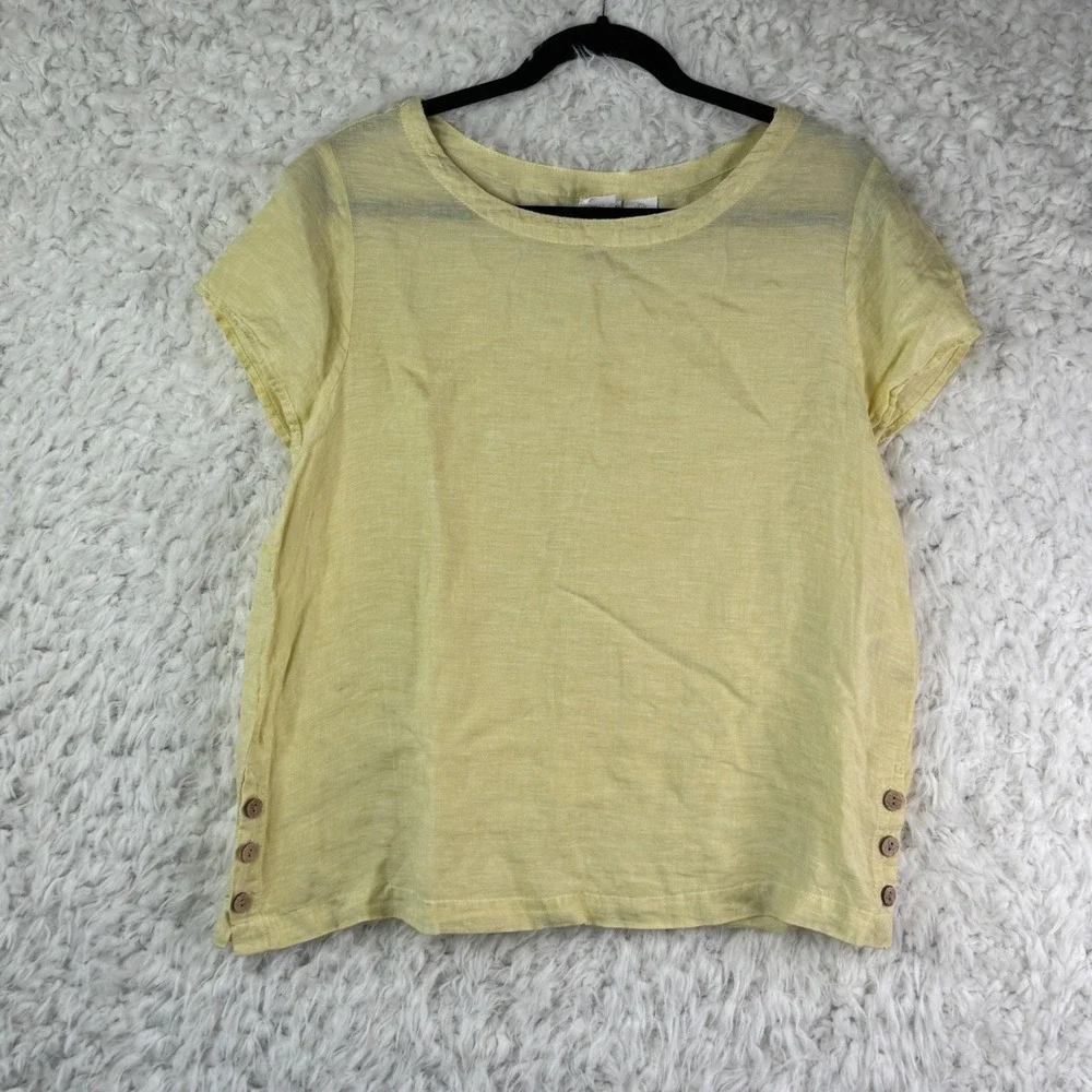 CRZ Yoga Women's Lemon Yellow Linen Blend Short Sleeve Top Button Accent‎ M